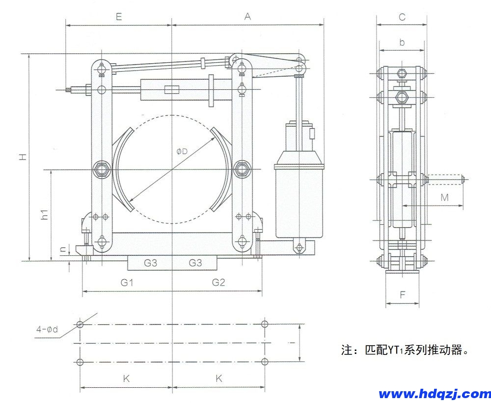 YWZ(B)電力液壓鼓式制動器外形尺寸圖